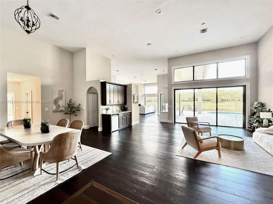 Dining room, Interior, Kitchen, Living room, Recessed Lighting, Wood Texture Flooring