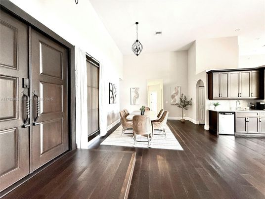 Dining room, Interior, Kitchen, Pendant Lights, Wood Texture Flooring