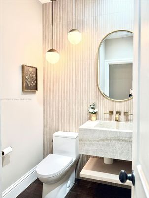 Bathroom, Interior, Pendant Lights, Wood Texture Flooring