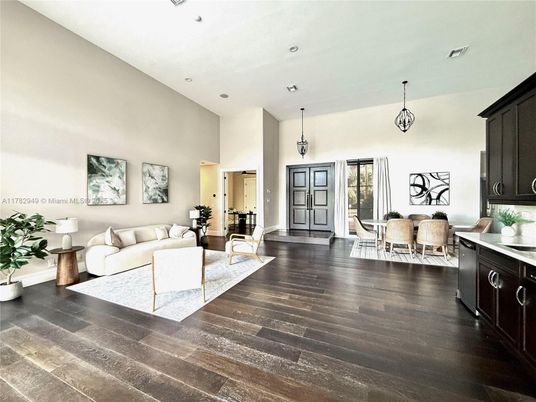 Dining room, Interior, Living room, Pendant Lights, Recessed Lighting, Wood Texture Flooring
