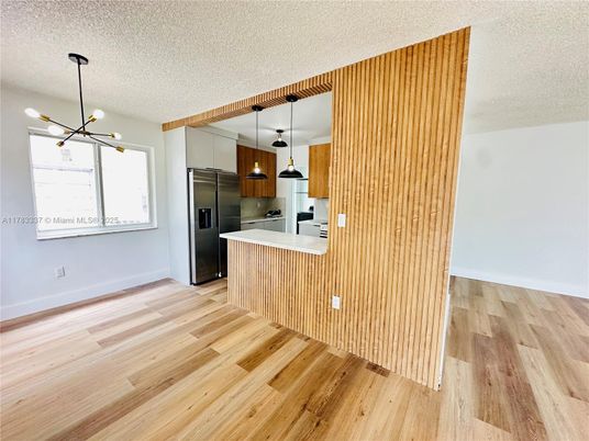 Interior, Kitchen, Pendant Lights, Stainless Steel Appliances, Wood Texture Flooring