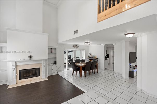 Dining room, Fireplace, Interior, Wood Texture Flooring
