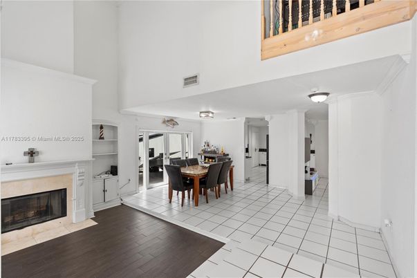 Dining room, Fireplace, Interior, Wood Texture Flooring