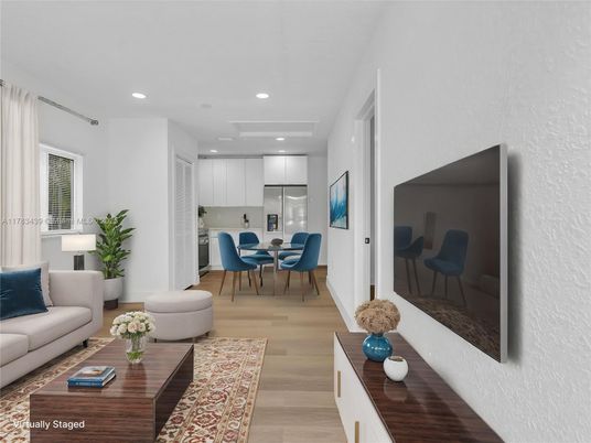 Dining room, Interior, Kitchen, Living room, Recessed Lighting, Stainless Steel Appliances, Wood Texture Flooring