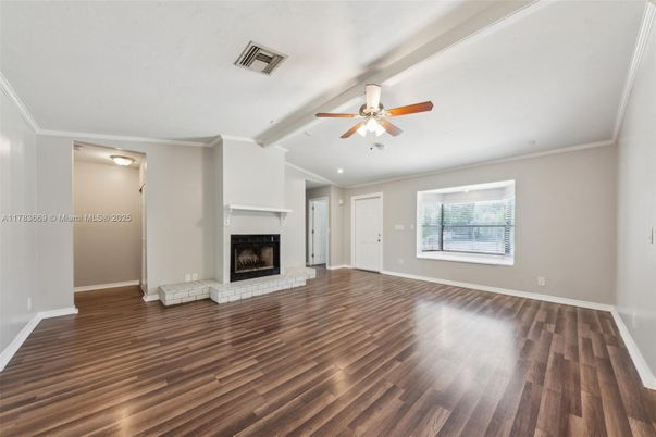 Empty room, Fireplace, Interior, Recessed Lighting, Wood Texture Flooring