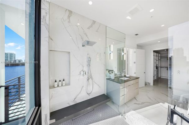 Bathroom, Glass Shower, Interior, Marble, Marble Walls, Recessed Lighting, Water