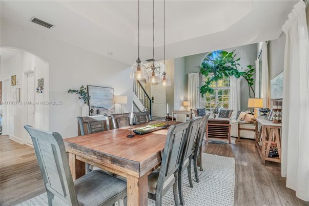 Dining room, Interior, Living room, Pendant Lights, Wood Texture Flooring