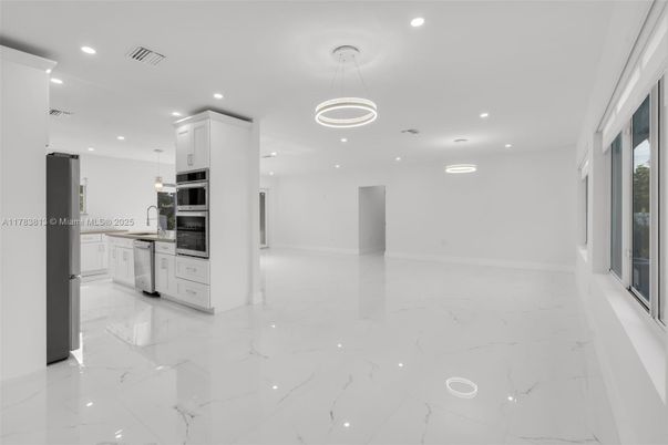Interior, Kitchen, Marble, Pendant Lights, Recessed Lighting, Stainless Steel Appliances