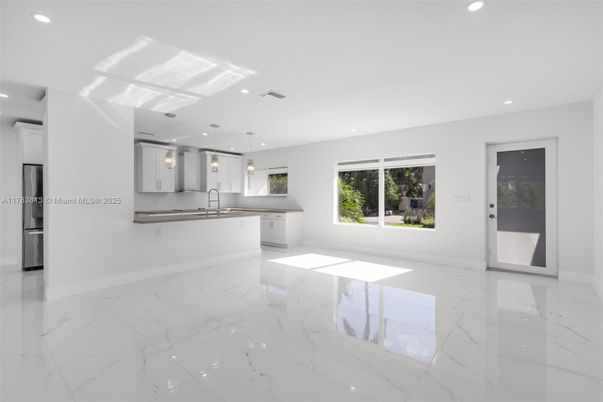 Interior, Kitchen, Marble, Pendant Lights, Recessed Lighting, Stainless Steel Appliances