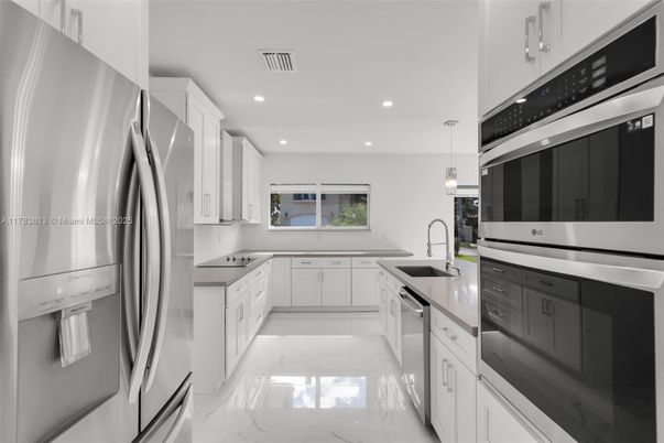 Interior, Kitchen, Marble, Pendant Lights, Recessed Lighting, Stainless Steel Appliances