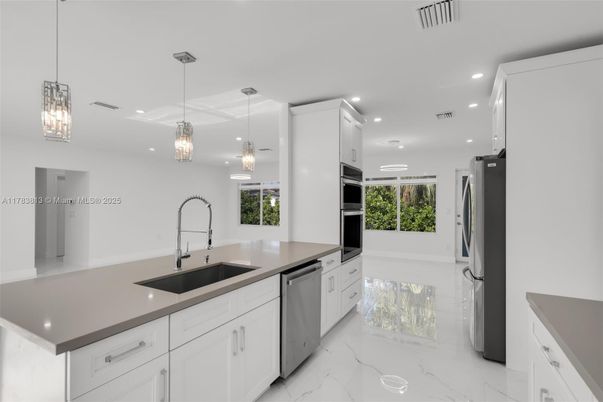 Interior, Kitchen, Marble, Pendant Lights, Recessed Lighting, Stainless Steel Appliances