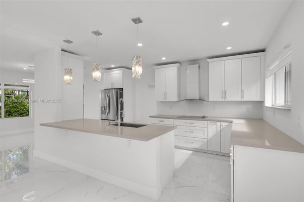Interior, Kitchen, Marble, Pendant Lights, Recessed Lighting, Stainless Steel Appliances