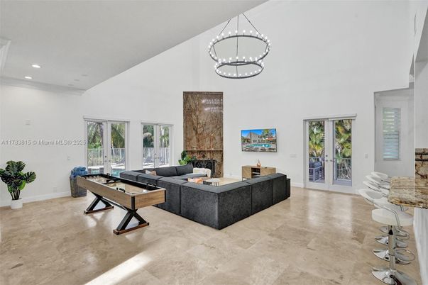 Billiard Table, Fireplace, Game Room, Interior, Living room, Pendant Lights, Recessed Lighting