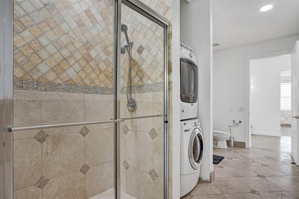 Bathroom, Glass Shower, Interior, Recessed Lighting, Utility Closets, Washer