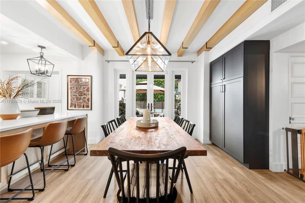 Dining room, Interior, Pendant Lights, Wooden Beams, Wood Texture Flooring