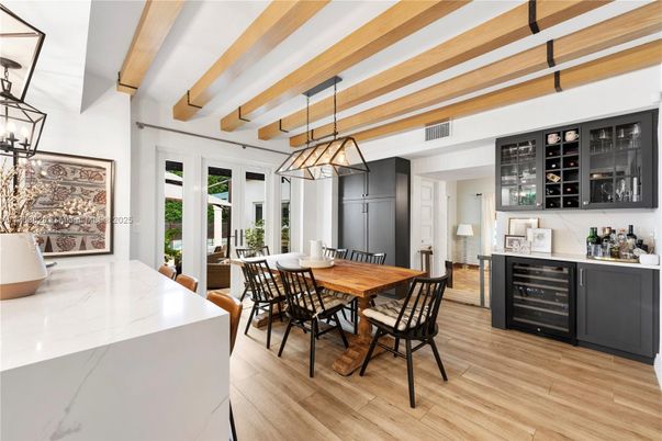Dining room, Interior, Pendant Lights, Wooden Beams, Wood Texture Flooring