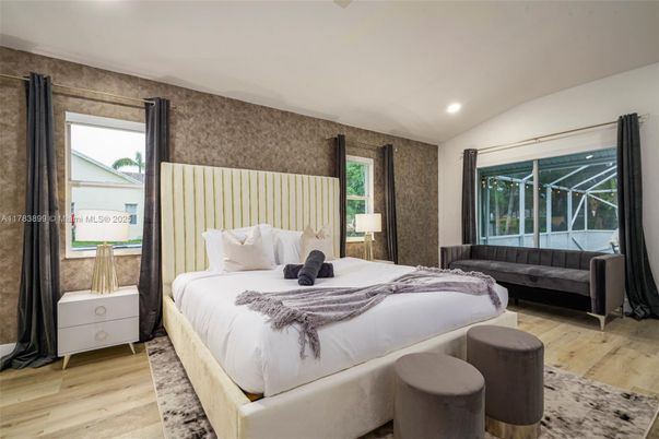 Bedroom, Interior, Recessed Lighting, Wood Texture Flooring