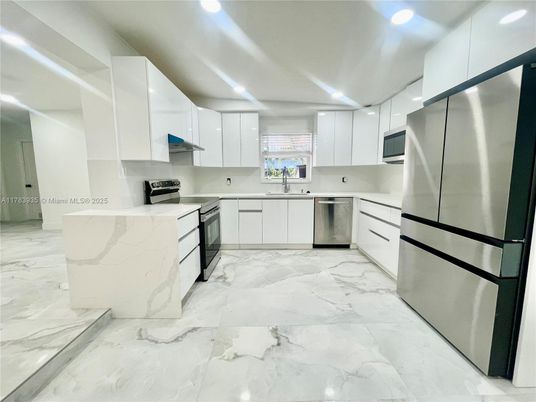Interior, Kitchen, Marble, Recessed Lighting, Stainless Steel Appliances