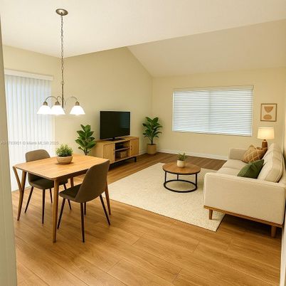 Dining room, Interior, Living room, Pendant Lights, Wood Texture Flooring