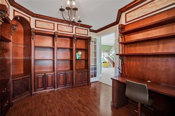 Chandelier, Home Office, Interior, Pendant Lights, Recessed Lighting, Wood Texture Flooring