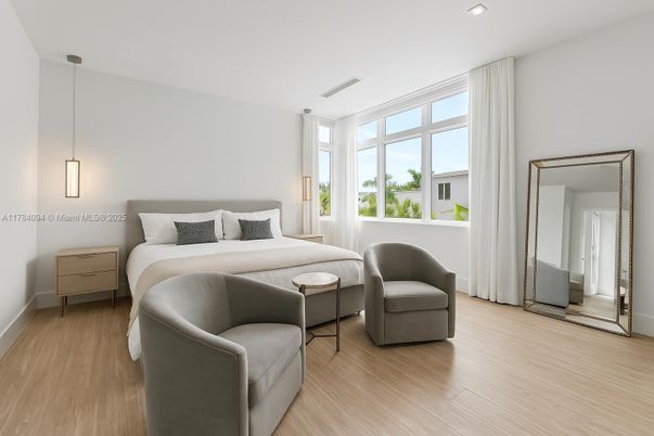 Bedroom, Interior, Pendant Lights, Recessed Lighting, Wood Texture Flooring