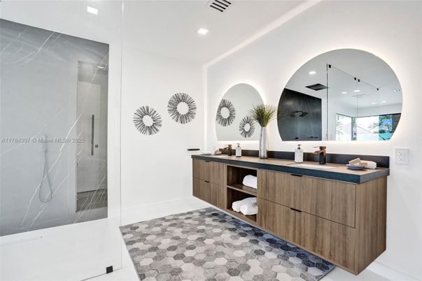 Bathroom, Dual Sink Vanities, Glass Shower, Interior, Recessed Lighting
