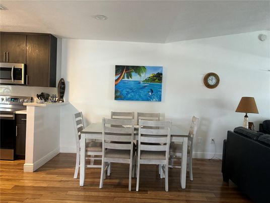 Dining room, Interior, Recessed Lighting, Wood Texture Flooring