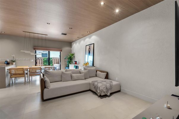 Dining room, Interior, Living room, Pendant Lights, Recessed Lighting, Wooden Ceilings