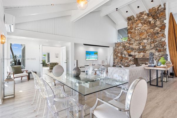 Dining room, Interior, Recessed Lighting, Stone Walls, Wood Texture Flooring