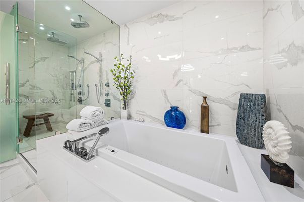 Bathroom, Glass Shower, Interior, Marble Walls, Recessed Lighting