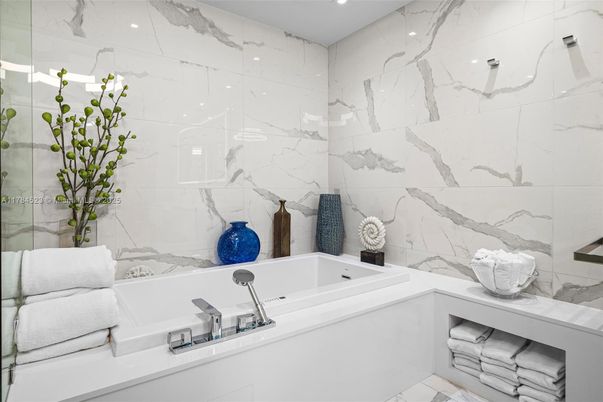 Bathroom, Glass Shower, Interior, Marble Walls, Recessed Lighting