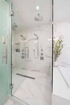 Bathroom, Glass Shower, Interior, Marble Walls, Recessed Lighting