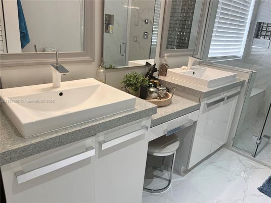 Bathroom, Dual Sink Vanities, Glass Shower, Interior, Marble