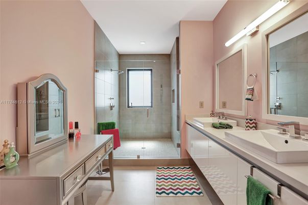 Bathroom, Dual Sink Vanities, Glass Shower, Interior, Recessed Lighting