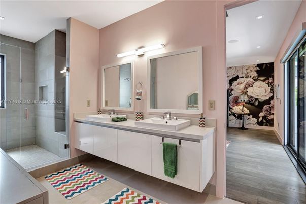 Bathroom, Dual Sink Vanities, Glass Shower, Interior, Recessed Lighting, Wood Texture Flooring