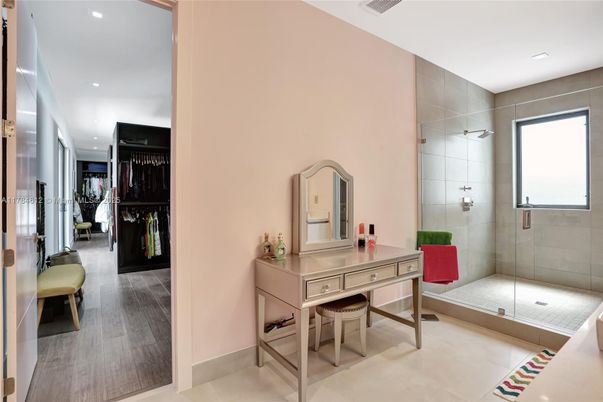 Bathroom, Glass Shower, Interior, Recessed Lighting, Wood Texture Flooring