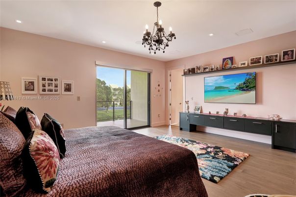 Bedroom, Chandelier, Interior, Recessed Lighting, Wood Texture Flooring