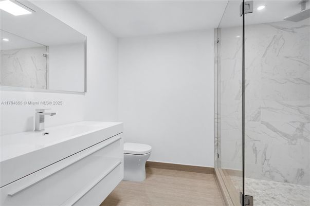 Bathroom, Glass Shower, Interior, Marble Walls, Recessed Lighting