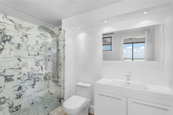 Bathroom, Glass Shower, Interior, Marble Walls, Recessed Lighting