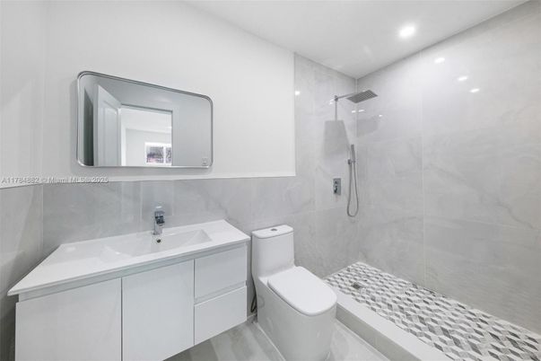 Bathroom, Glass Shower, Interior, Recessed Lighting, Wood Texture Flooring