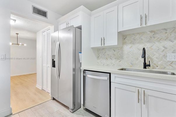 Interior, Kitchen, Pendant Lights, Stainless Steel Appliances, Wood Texture Flooring