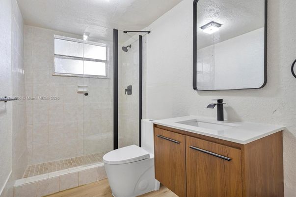 Bathroom, Glass Shower, Interior, Wood Texture Flooring