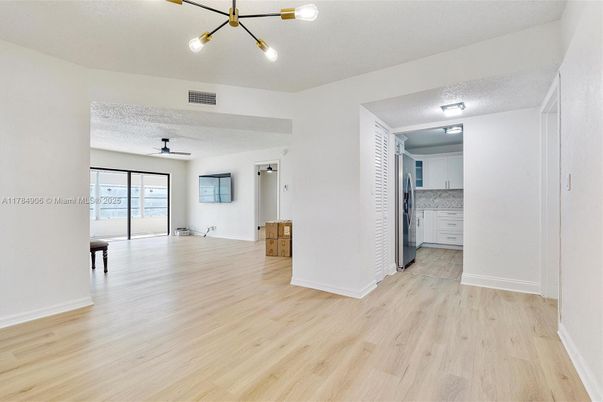 Empty room, Interior, Kitchen, Pendant Lights, Wood Texture Flooring