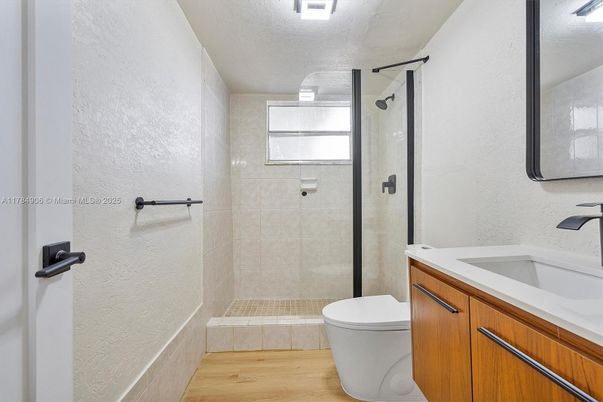 Bathroom, Glass Shower, Interior, Wood Texture Flooring