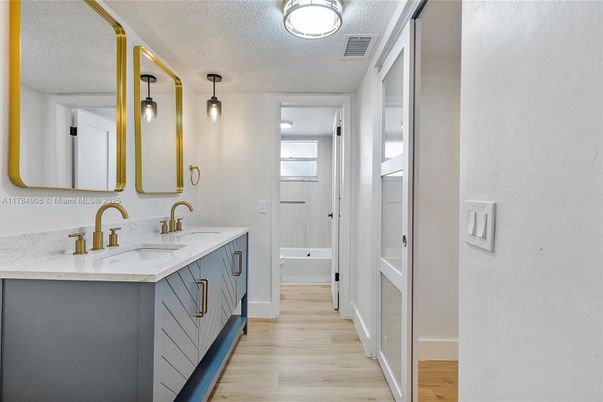 Bathroom, Dual Sink Vanities, Interior, Wood Texture Flooring