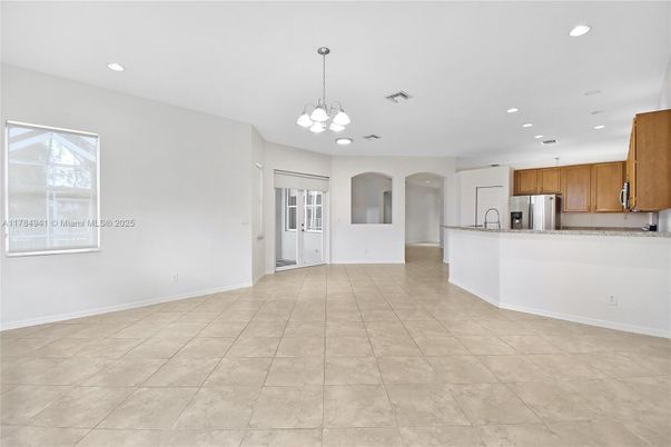 Empty room, Interior, Kitchen, Pendant Lights, Recessed Lighting, Stainless Steel Appliances