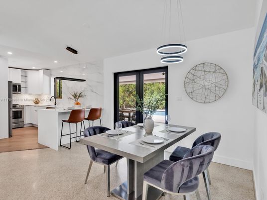 Dining room, Interior, Kitchen, Marble Walls, Pendant Lights, Recessed Lighting, Wood Texture Flooring