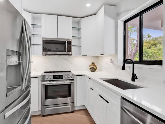 Interior, Kitchen, Recessed Lighting, Stainless Steel Appliances, Wood Texture Flooring