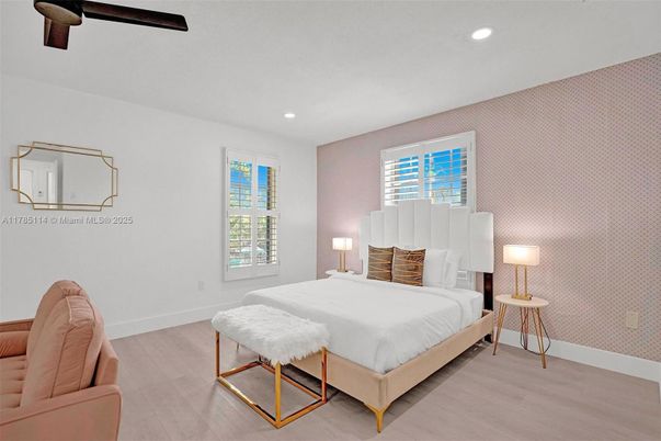 Bedroom, Interior, Recessed Lighting, Wood Texture Flooring