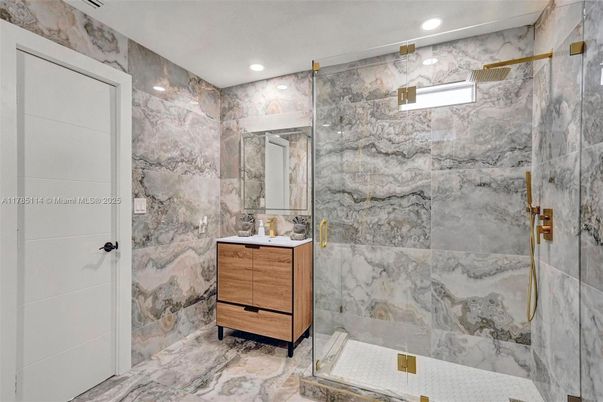 Bathroom, Glass Shower, Interior, Marble, Marble Walls, Recessed Lighting